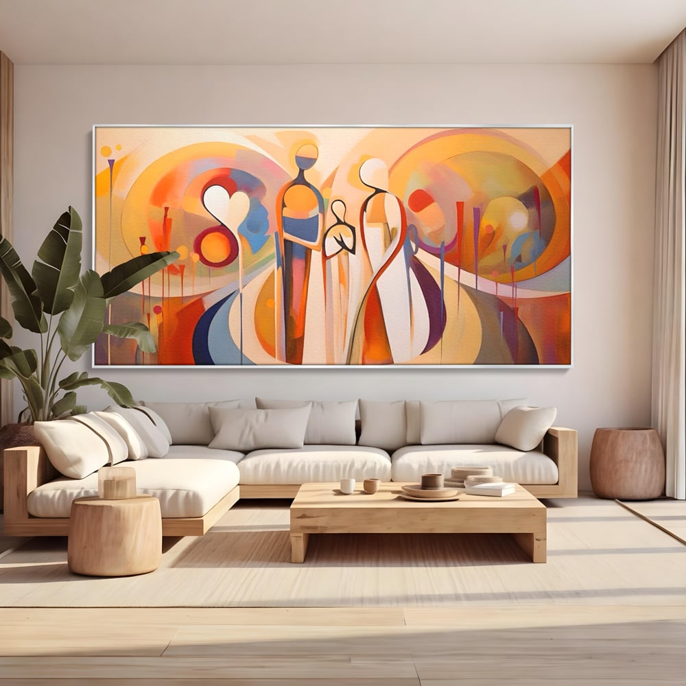 Tablou canvas cu tablou canvas cu familie abstracta, in rama de aluminiu argintiu, pe perete intr-un living